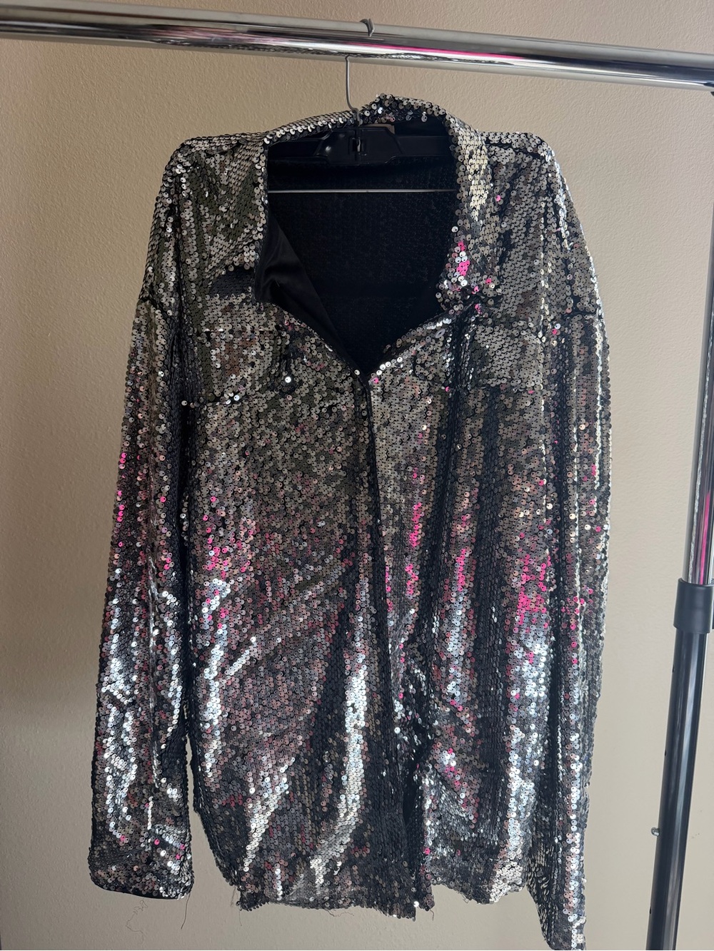 Fashion Nova Silver Sequin Button-Down Shirt with Matching pants set